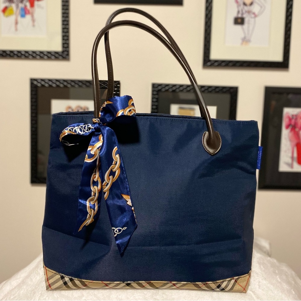 Burberry Navy Tote with Chain-Print Scarf Accent